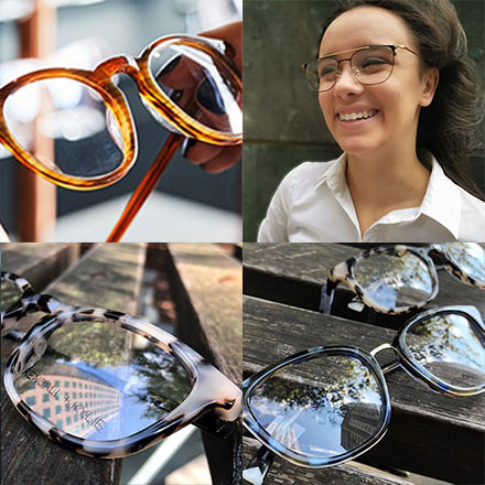 A girl wearing optical frames and examples of optical glasses